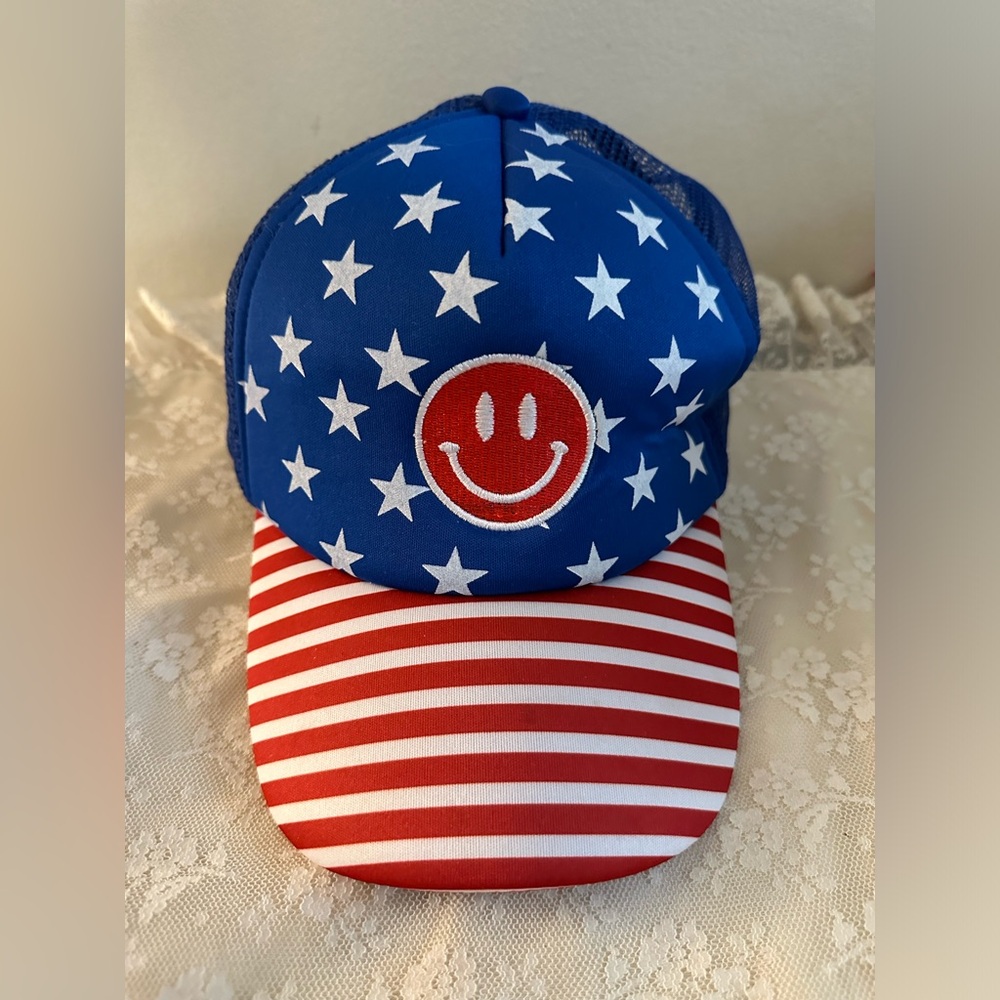 Smiley Face - Stars & Stripes - Snapback Trucker's Hat Patriotic American 4th